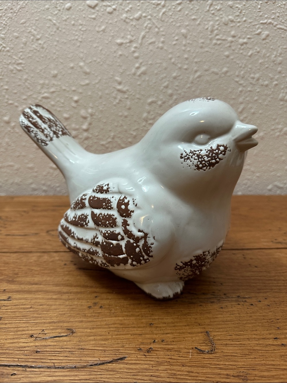 White Ceramic Bird Figurine with Rustic Brown Distressing - Large Bird